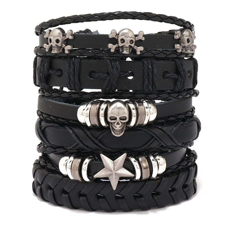 6 -stcs/vaste leer gevlochten armband voor mannen Women Handgemaakte polsmanchet Bracband Set Hennep Koorden Houtparels Ethnic Tribal