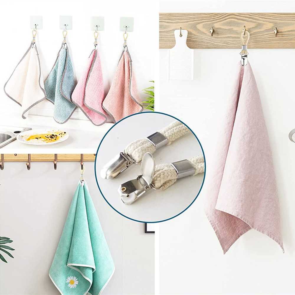 4 Packs Hanging Tea Towel Clips Towel Hangers Rack Hand Towel Hook Cloth Hanger Holder Brackets Braided Cotton Loop L230704
