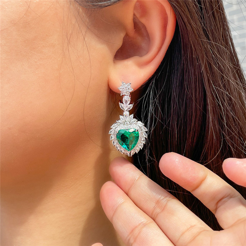 Lussuoso orecchino di design a cuore blu donna Verde AAA Cubic Zirconia Rame Donna Festa Nuziale Matrimonio Fidanzamento Orecchini di diamanti Gioielli di moda Regalo