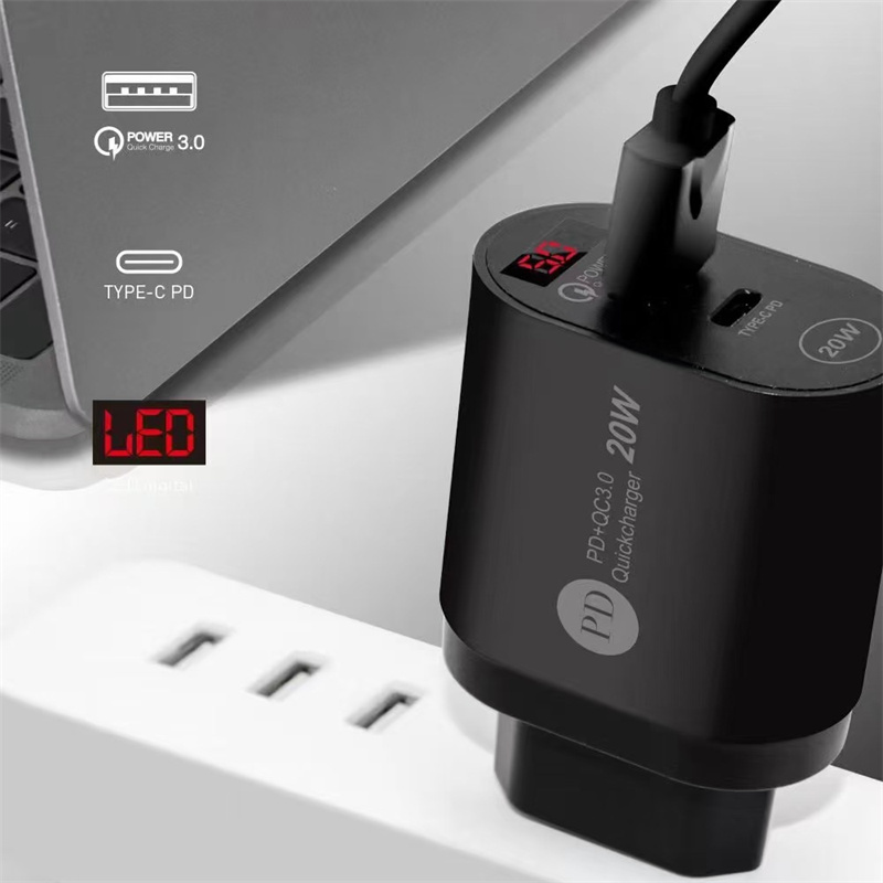 LED-display 20W PD USB-C Väggladdare EU US UK AC Home Travel Power Adapter för iPhone 12 13 14 Samsung Huawei