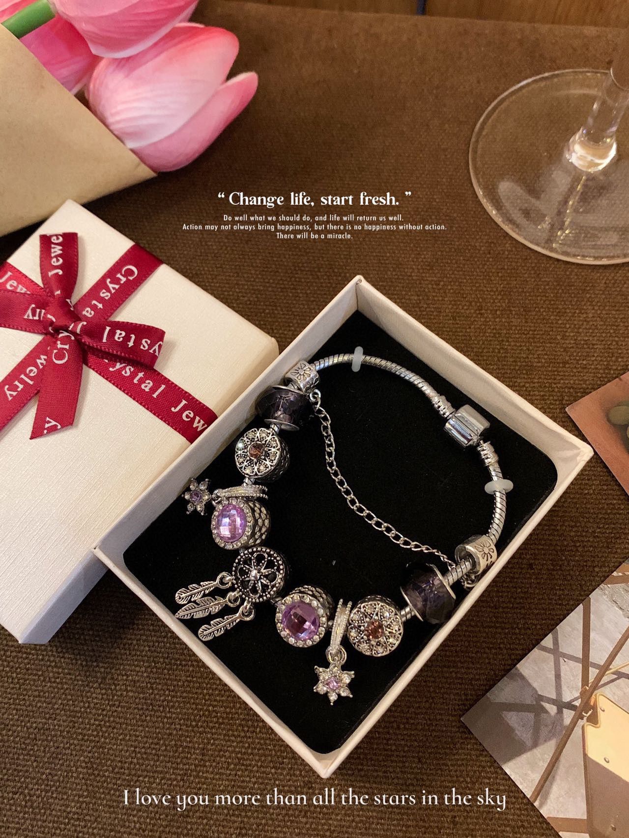 Brilla il braccialetto d'argento Braccialetto viola da sogno Braccialetto di perline fai-da-te Braccialetto con pendente di fascino di moda Pandora Cuore di platino fai-da-te