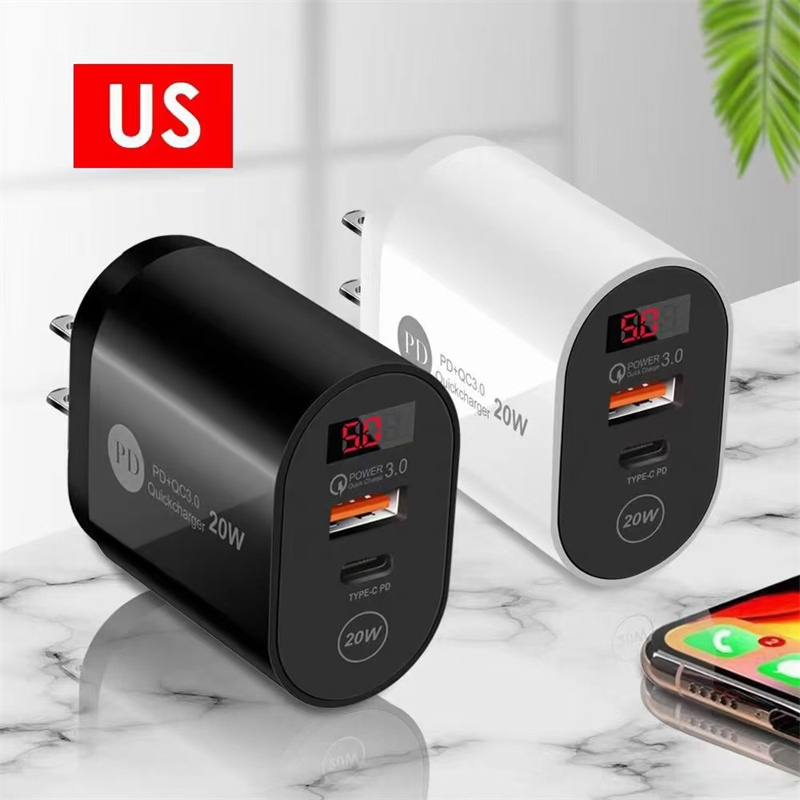 LED-display 20W PD USB-C Väggladdare EU US UK AC Home Travel Power Adapter för iPhone 12 13 14 Samsung Huawei