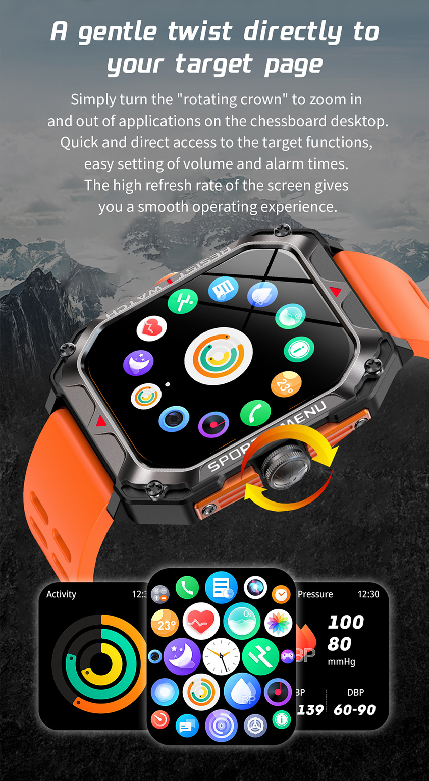 YENİ H22 Erkek Akıl Saati IP68 Su Geçirmez Açık Hava Sporları Süper Dayanıklılık HD Ekran Koruma Çalar Saat Kalp Hızı Kan Oksijen Satm Smartwatch