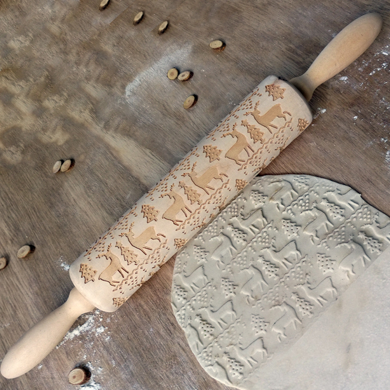 Rouleau à pâtisserie en bois Motif de bande dessinée Décoration de Noël Cuisson Biscuit Bâton de pâte en relief