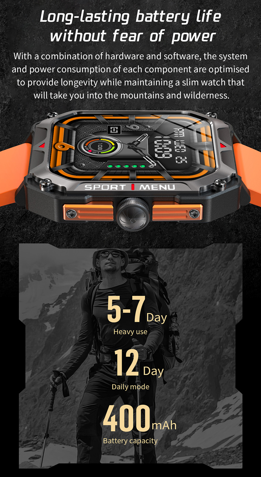 Ny H22 Men's Smart Watch IP68 Waterproof Outdoor Sports Super Endurance HD Screen Stopwatch Alarm Clock Heart Rate Blood Oxygen Satm Smartwatch