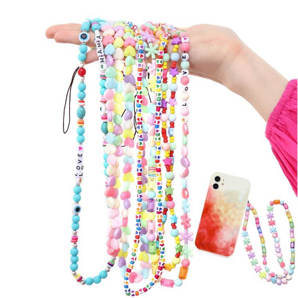 Pulseira multicolorida para celular com miçangas para telefone, corda para pendurar, corrente longa de acrílico, cordão, acessório para presente L230619