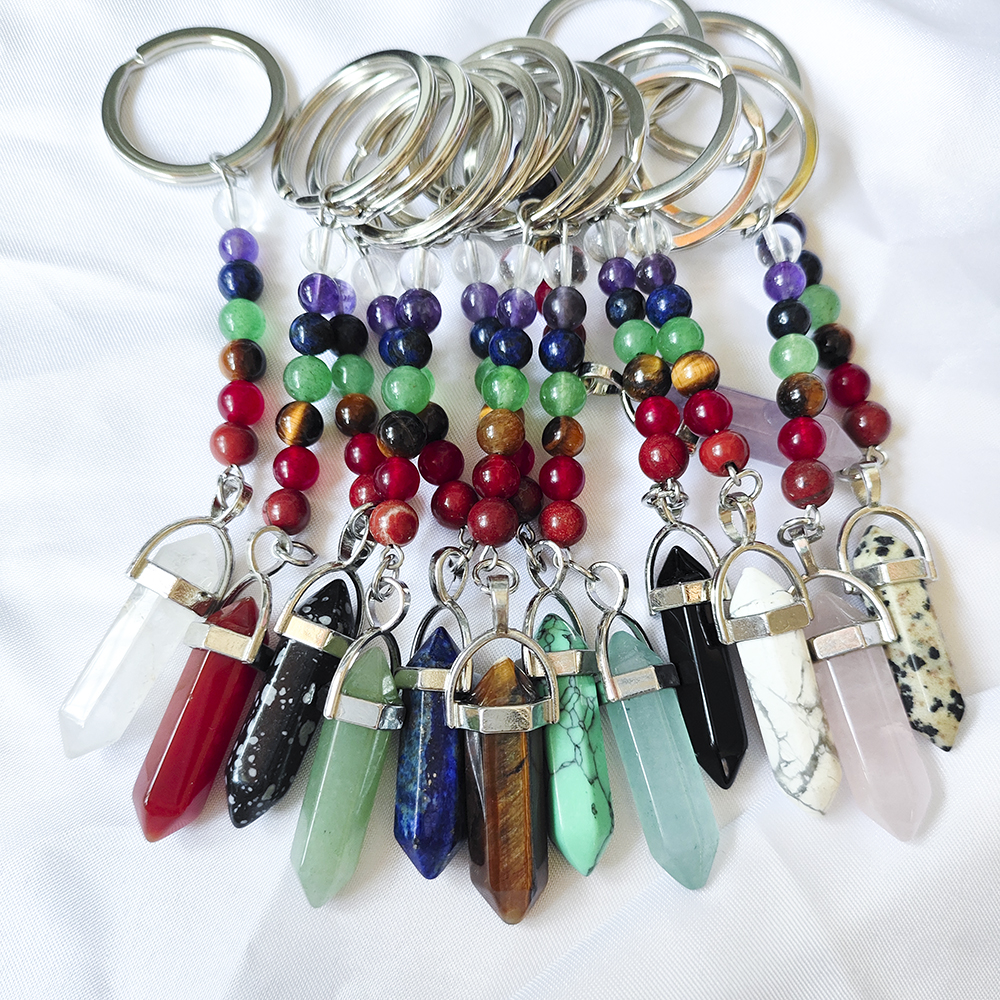 Natural Stone 7 Chakra Beads Hexagon Prism Key Rings Chains Keychains Healing Crystal Keyrings for Women Men