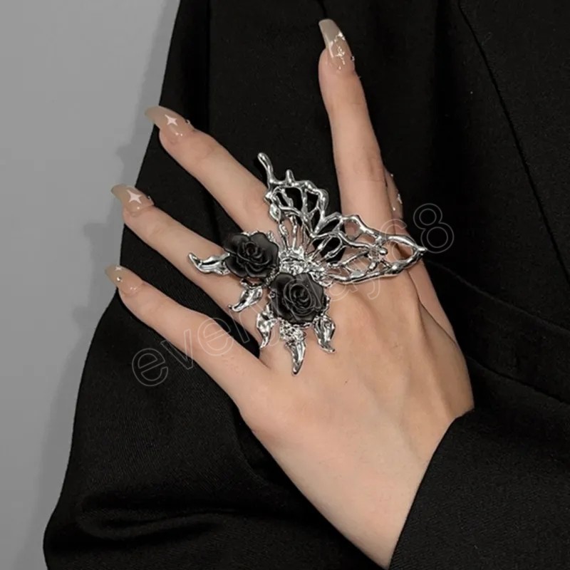 Gotisk stil fjärilsring vintage svart rosblommor ring för kvinnor flickor justerbara öppningsring party smycken gåvor