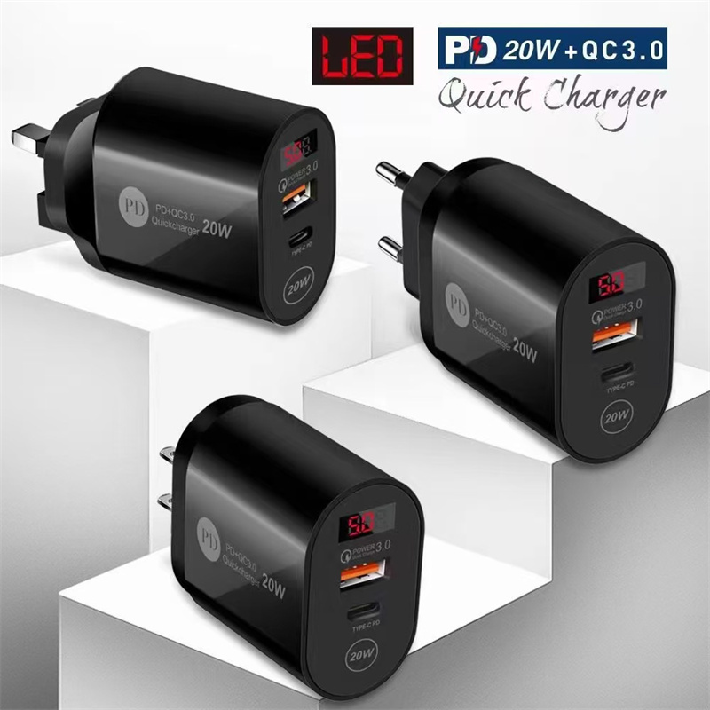 LED-display 20W PD USB-C Väggladdare EU US UK AC Home Travel Power Adapter för iPhone 12 13 14 Samsung Huawei