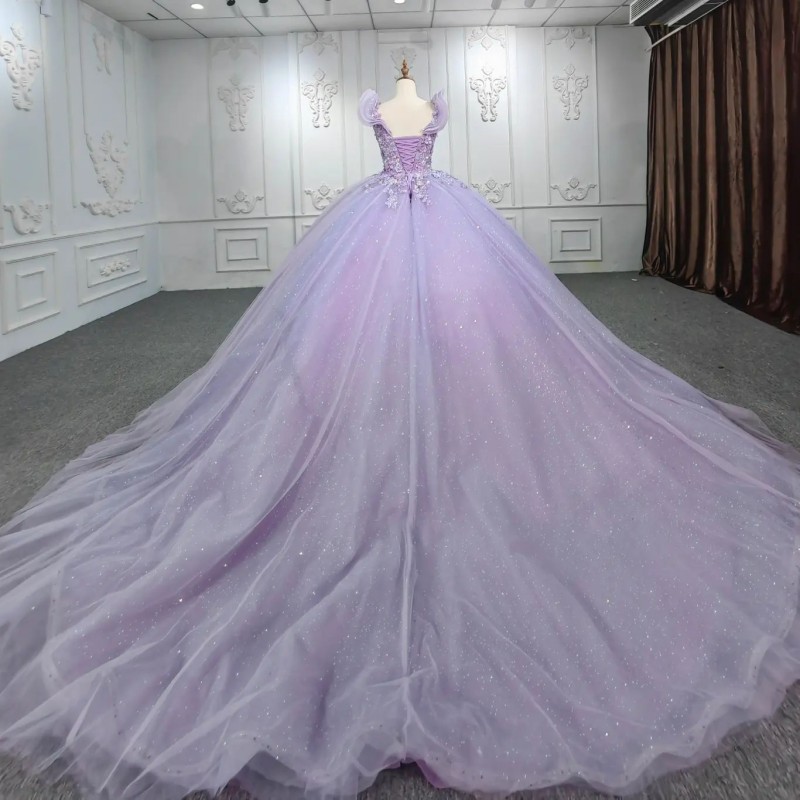 Luxury Lavender Glittering O-Neck Quinceanera Dress Beading Applique 3DFlower Lace Vestidos De 15 Anos Ball Gown