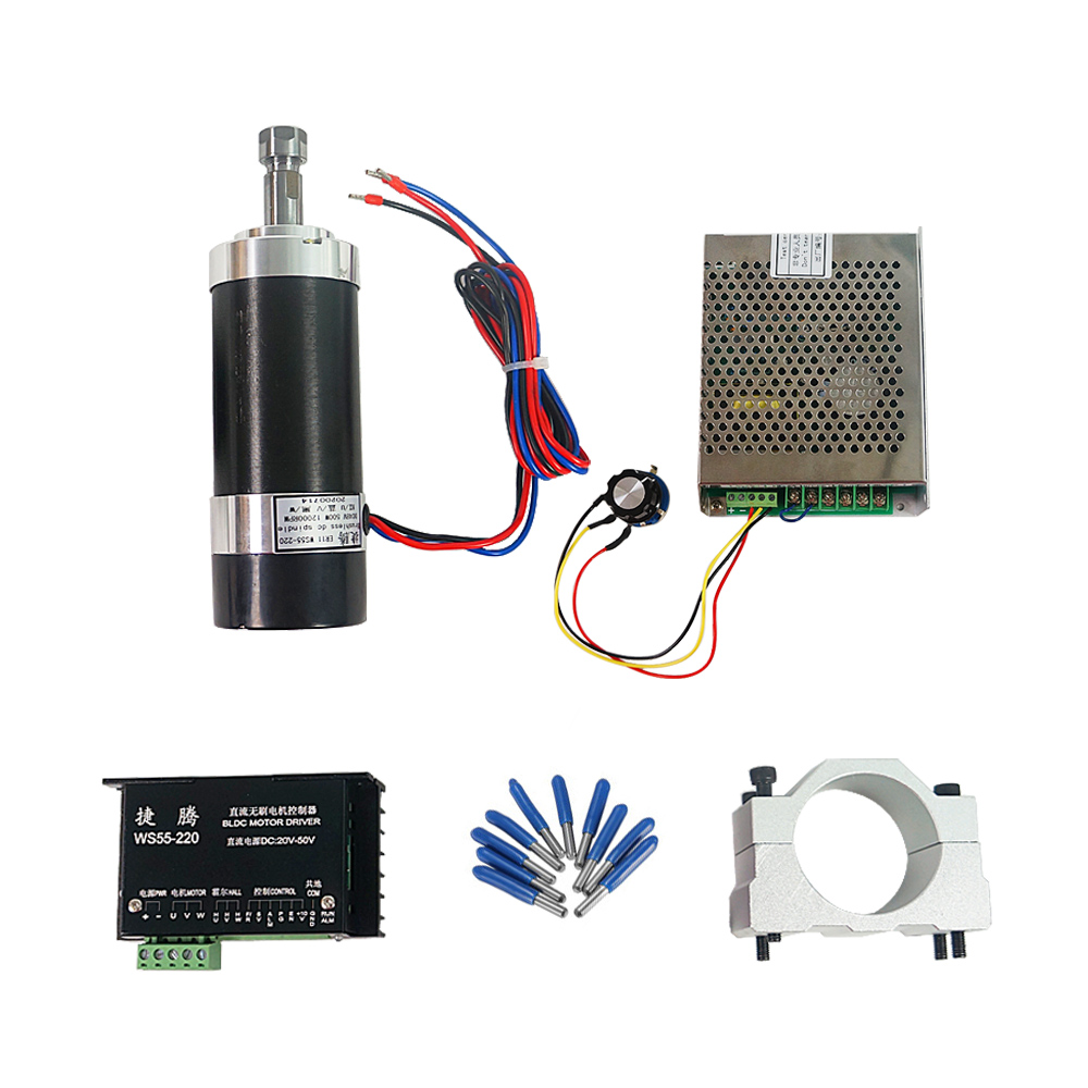 CNC Spindle 500W Brushless 110V 220V DC 48V Spindle Motor 12A Air Cooled Mach3 Power Supply 3.175mm Cnc Tools 55mm Clamps