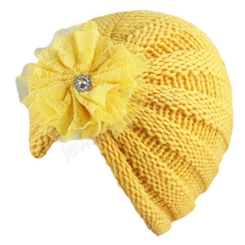 16*14 CM, cómodos y cálidos gorros de lana a rayas de punto para niños pequeños, gorro de moda con flores de diamantes de imitación para recién nacidos, accesorios para el cabello dulces