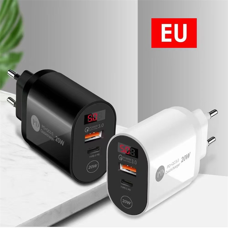 LED-display 20W PD USB-C Väggladdare EU US UK AC Home Travel Power Adapter för iPhone 12 13 14 Samsung Huawei