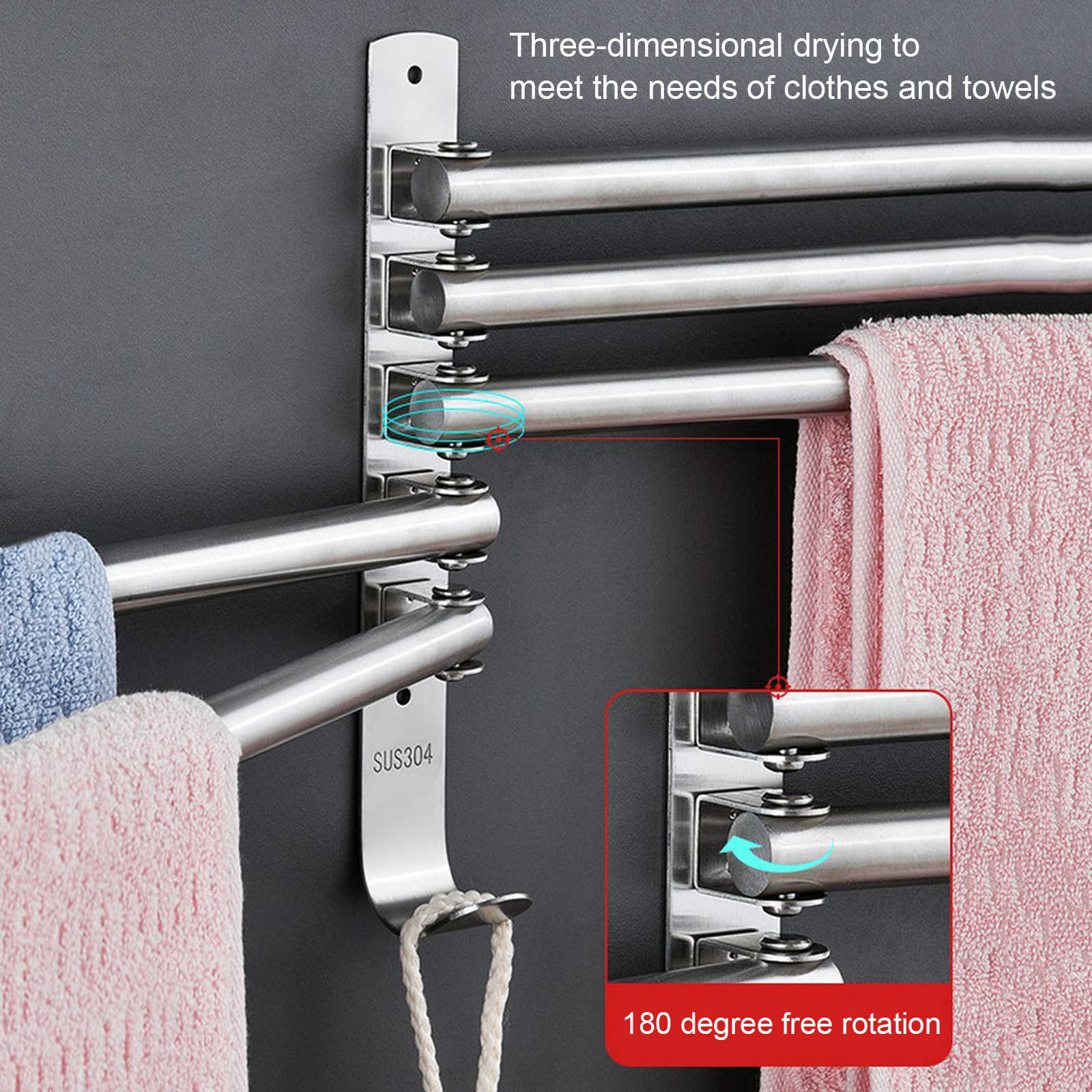 304 Stainless Steel 4 Arm Bathroom Swing Hanger Towel Rack Storage Organizer Space Saver Wall Mount Towel Rack for Hotel Home L230704