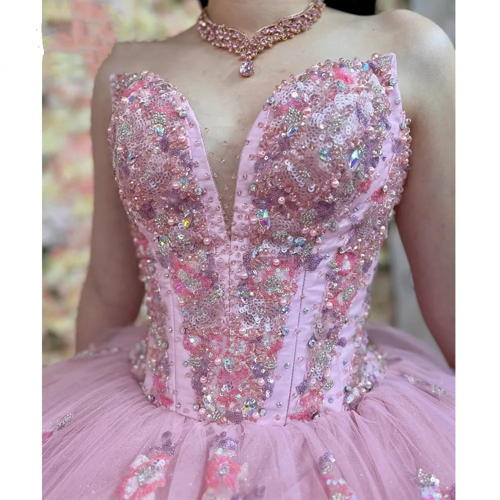 Sparky Rose Princesse Quinceanera Robes Paillettes Dentelle Appliques Doux 16 Corset Mexicain Prom Party Robes De Bal Robe De 15