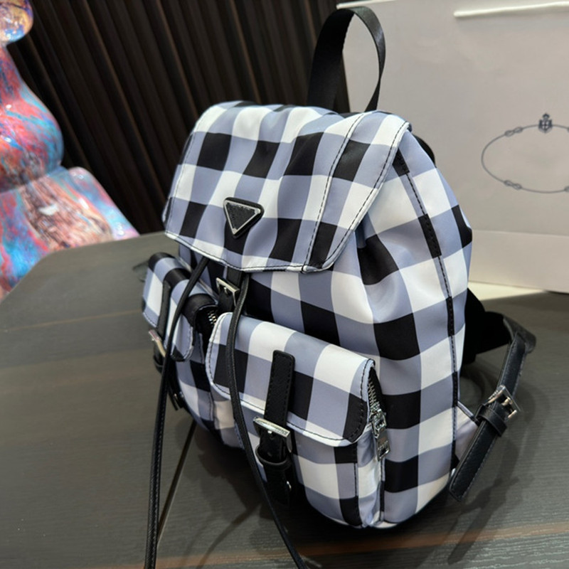 Nylon-Rucksack mit Karomuster, Designer-Rucksack mit Kordelzug, Unisex, Segeltuch, doppelte Umhängetasche, Damen, mehrere Taschen, Geldbörse, Geldbörsen