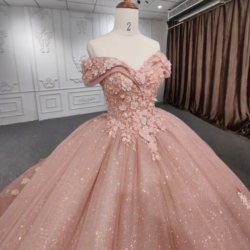 Luxury Pink Glittering Luxury Quinceanera Dresses Applique 3D Flowers Off Shoulder Vestidos De 15 Anos Birthday Party Prom Gown