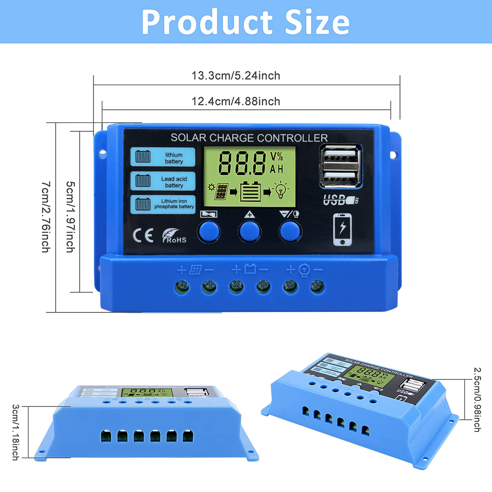 PWM 태양 전하 컨트롤러 10A 20A 30A 태양 전지판 12V 24V 자동 PV 컨트롤러 리튬 리드 용 50VDC