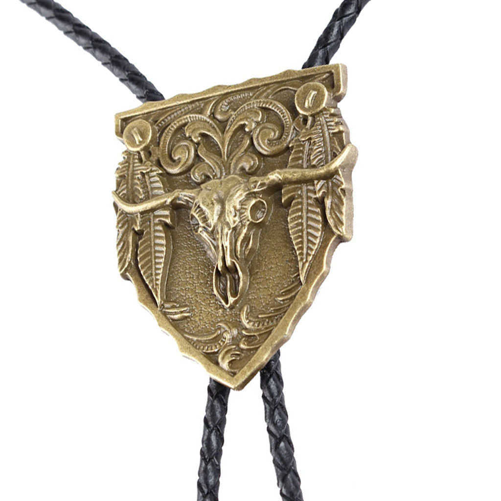 Bolo Ties Big cow head western cowboy Tang grass pattern bolo tie leather fashion pendant men and women bolo tie rope tide HKD230719