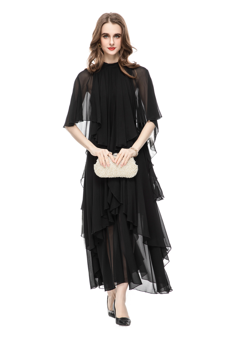 Women's Runway Dresses O Neck Cape Sleeves Ruffles Loose Design Elegant Fashion High Street Vestidos