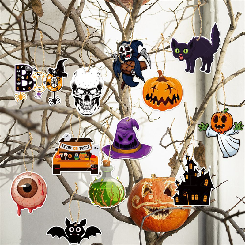 12 Ornamenti di Halloween Carta da appendere Decorazioni alberi Ragni a doppia faccia Pipistrelli Ciondolo Segni Zucca Strega Teschio Fantasma Cappello Decor