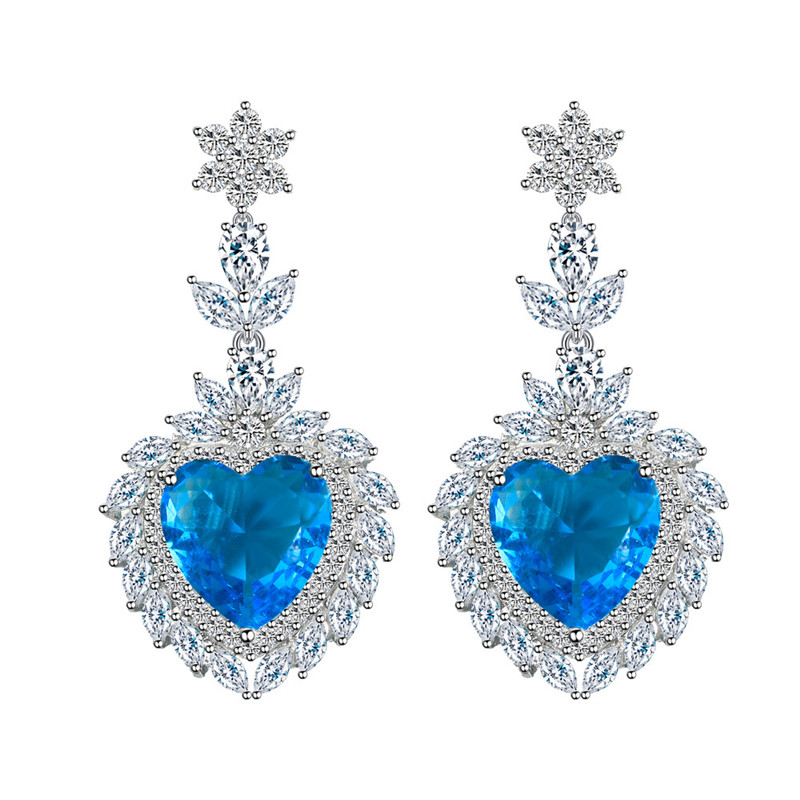 Lussuoso orecchino di design a cuore blu donna Verde AAA Cubic Zirconia Rame Donna Festa Nuziale Matrimonio Fidanzamento Orecchini di diamanti Gioielli di moda Regalo
