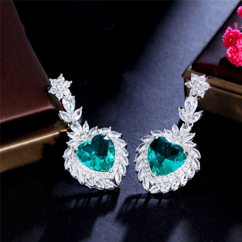 Lussuoso orecchino di design a cuore blu donna Verde AAA Cubic Zirconia Rame Donna Festa Nuziale Matrimonio Fidanzamento Orecchini di diamanti Gioielli di moda Regalo