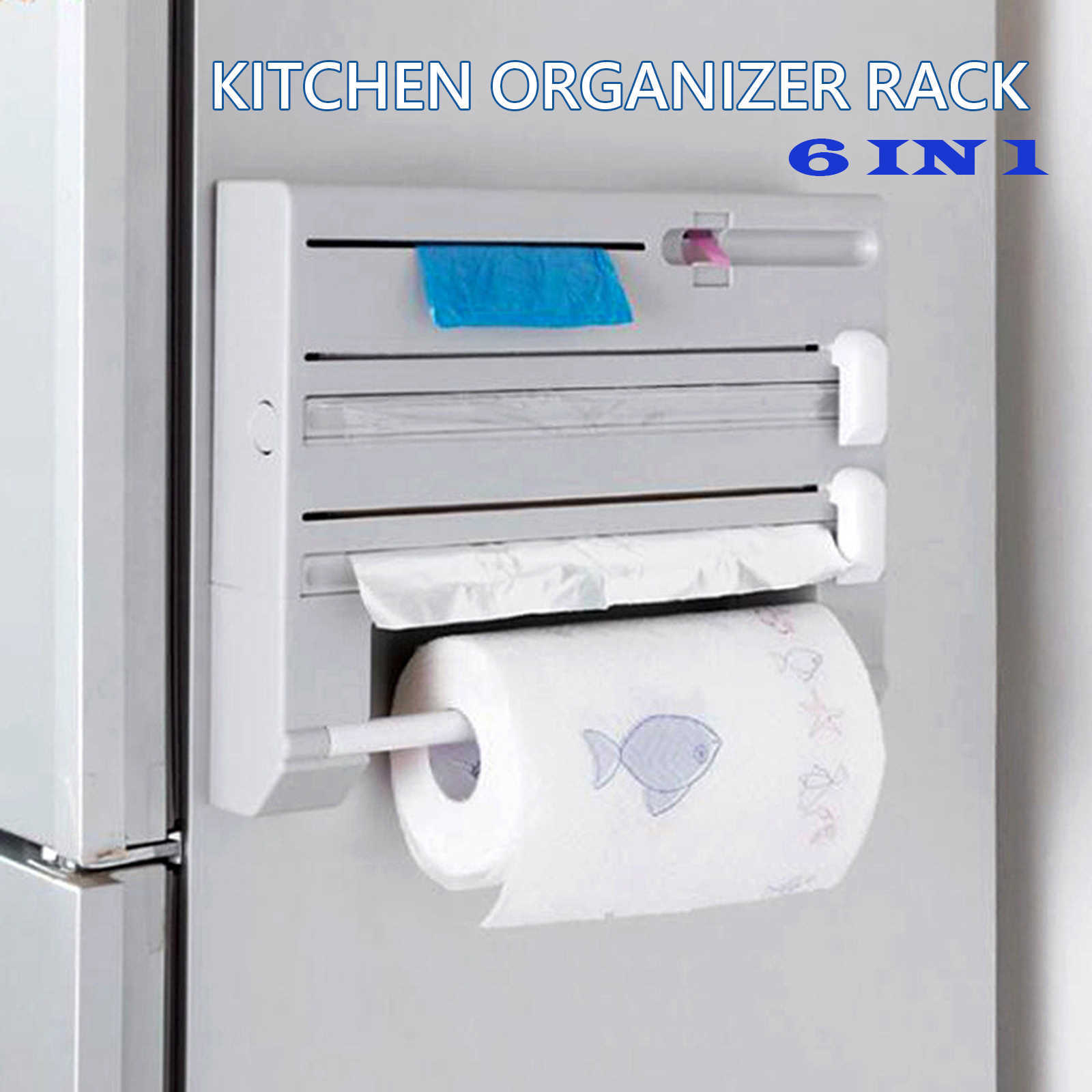 Organizador de cozinha multifuncional 6 em 1 Película aderente Garrafa de molho Rack de armazenamento Folha de estanho Suporte de toalha de papel Prateleira de cozinha L230704