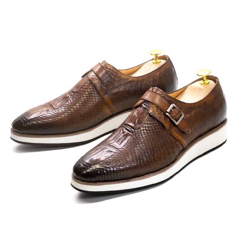 Luxury Original Buckle Monk Strap Men's Sneakers äkta ko läderkrokodiltryck avslappnade affärer platt klänningskor för män 1AA21