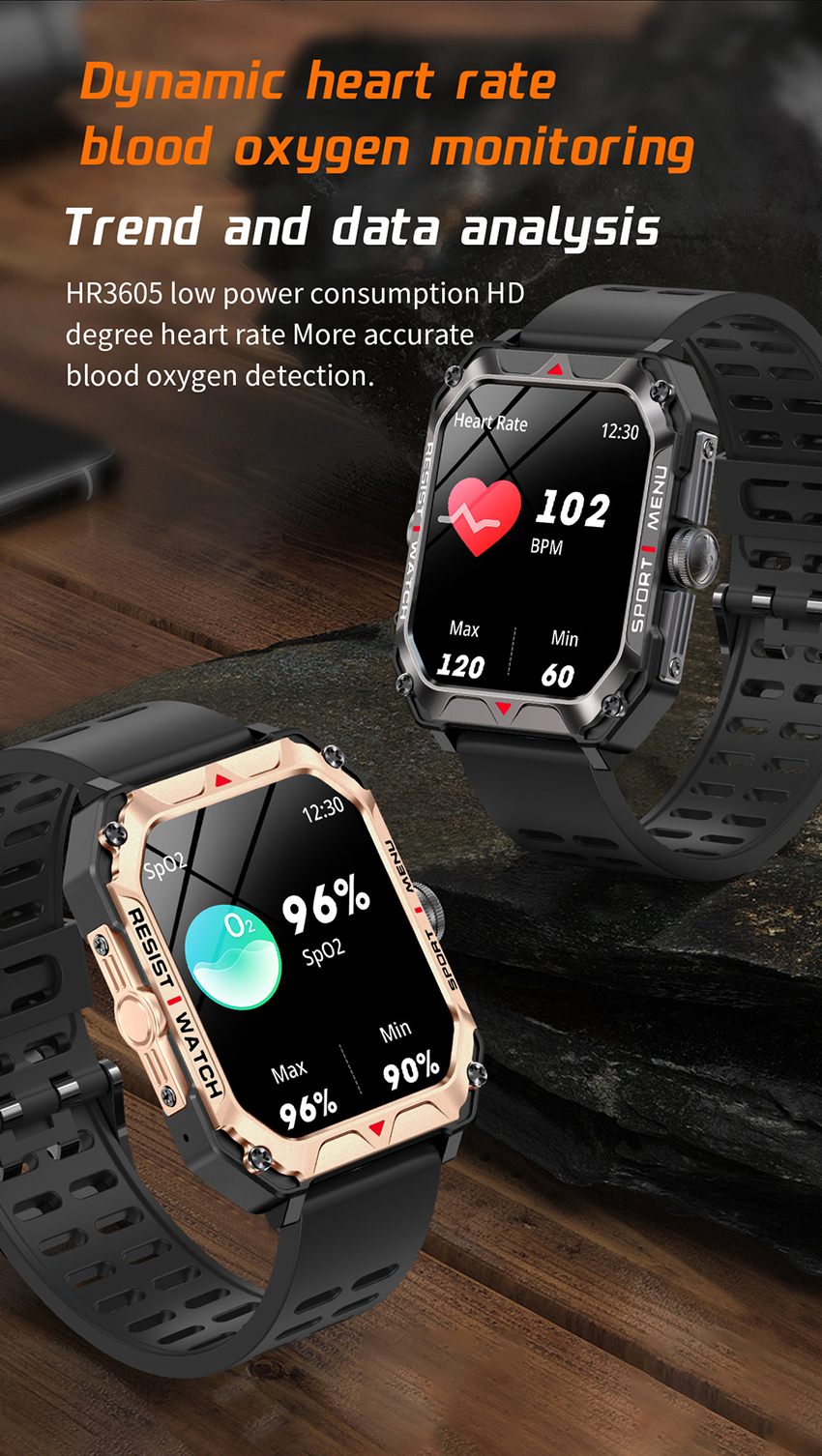 Nouveau H22 Montre intelligente pour hommes IP68 Étanche Sports de plein air Super Endurance Écran HD Chronomètre Réveil Fréquence cardiaque Oxygène sanguin Satm Smartwatch