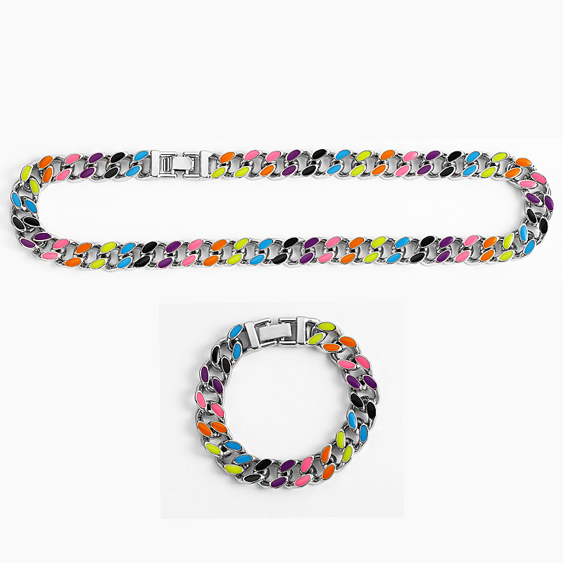 Fashion Colorful Cuban rugged Necklace Men's Hip Hop Women's Enamel Colorful Contrast Miami Thick Cuban Chain Buckle Bracelet BB001