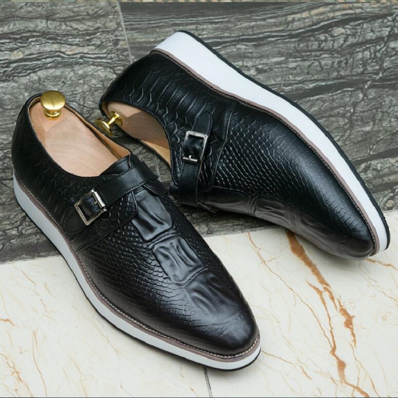 Luxury Original Buckle Monk Strap Men's Sneakers Genuine Cow Leather Crocodile Print Casual Business Flat Dress Shoes for Men 1AA21