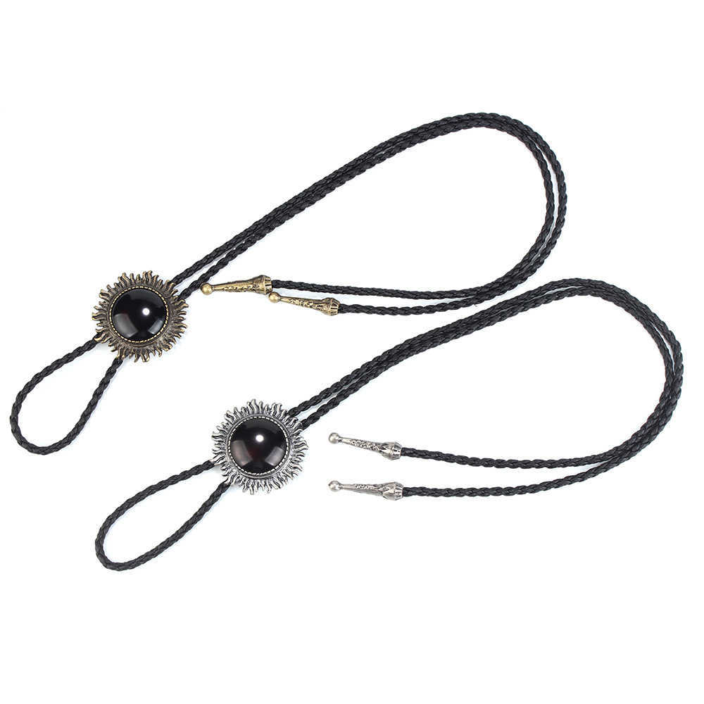 Bolo Ties Bolo tie Retro shirt chain Imitation of obsidian sun Poirot tie rope leather necklace Long tie hang HKD230719