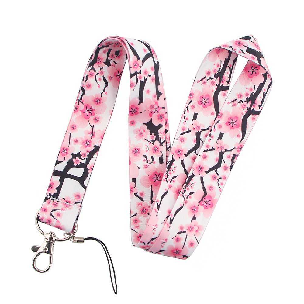 Correias para celular com flores cor-de-rosa Chaveiro Cordão para chaves Cartão de identificação USB Porta-crachá Colar com cordão Acessórios para fita L230619