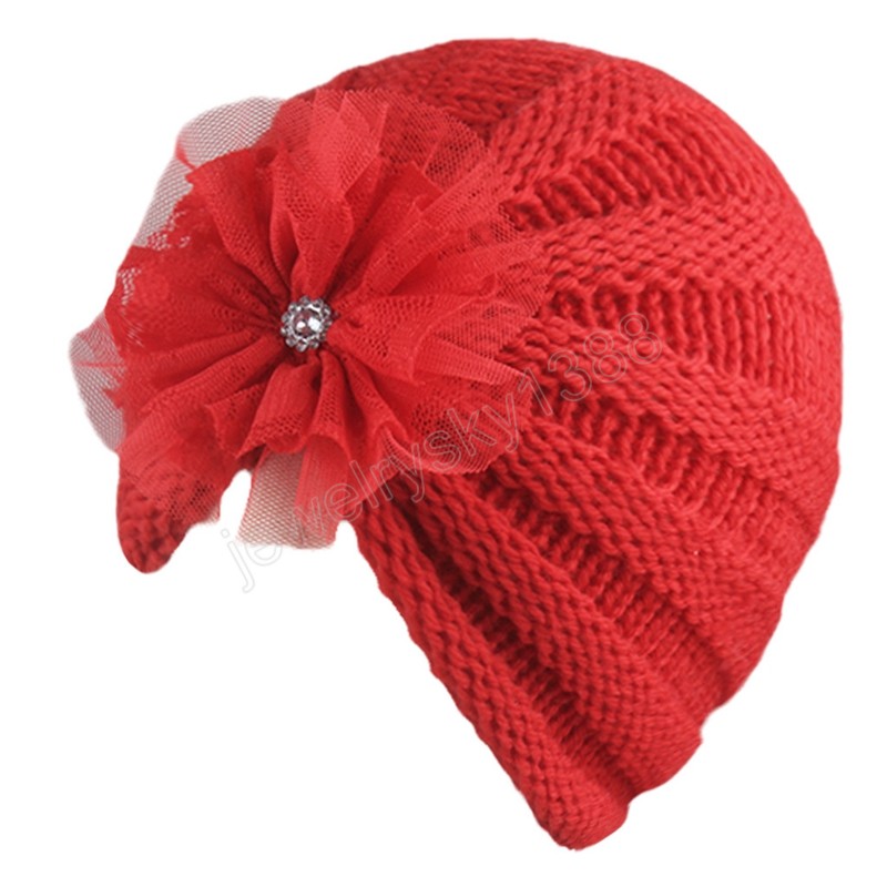 16*14 CM, cómodos y cálidos gorros de lana a rayas de punto para niños pequeños, gorro de moda con flores de diamantes de imitación para recién nacidos, accesorios para el cabello dulces