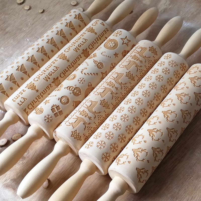 Wooden Rolling Pin Cartoon Pattern Christmas Decoration Baking Biscuit Embossed Dough Stick