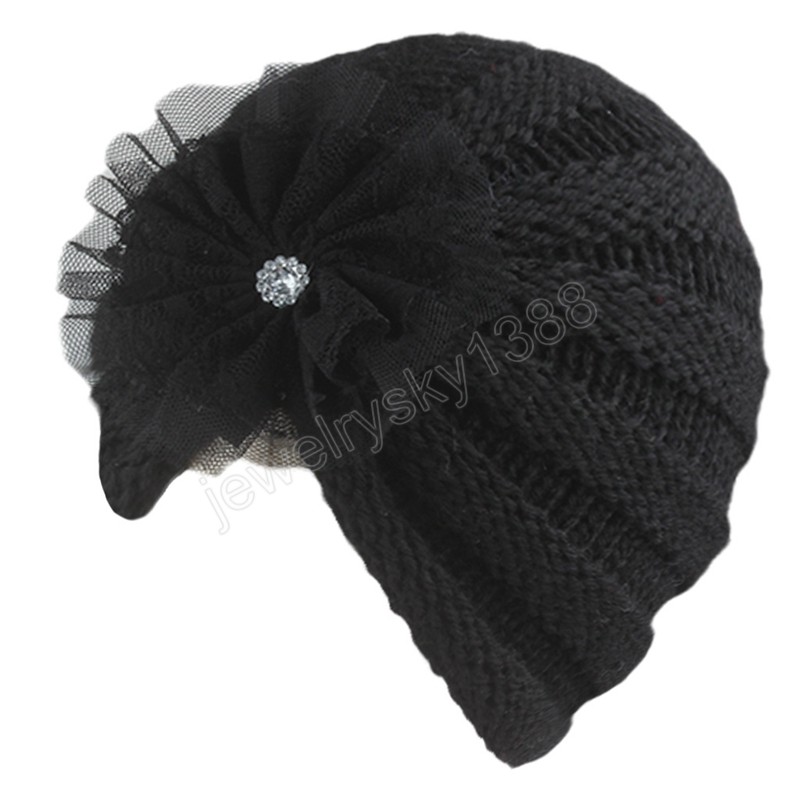 16*14 CM, cómodos y cálidos gorros de lana a rayas de punto para niños pequeños, gorro de moda con flores de diamantes de imitación para recién nacidos, accesorios para el cabello dulces