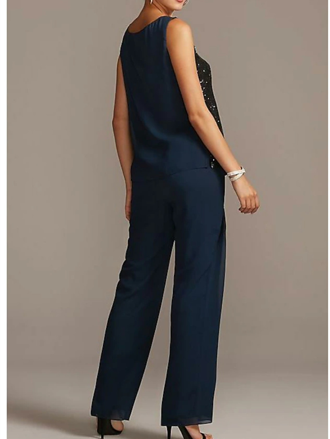 Elegant byxdräkt/jumpsuit marinblå blå mamma till bruden klänning a-line chiffong golvlängd ärmlös brudklänning för kvinnor