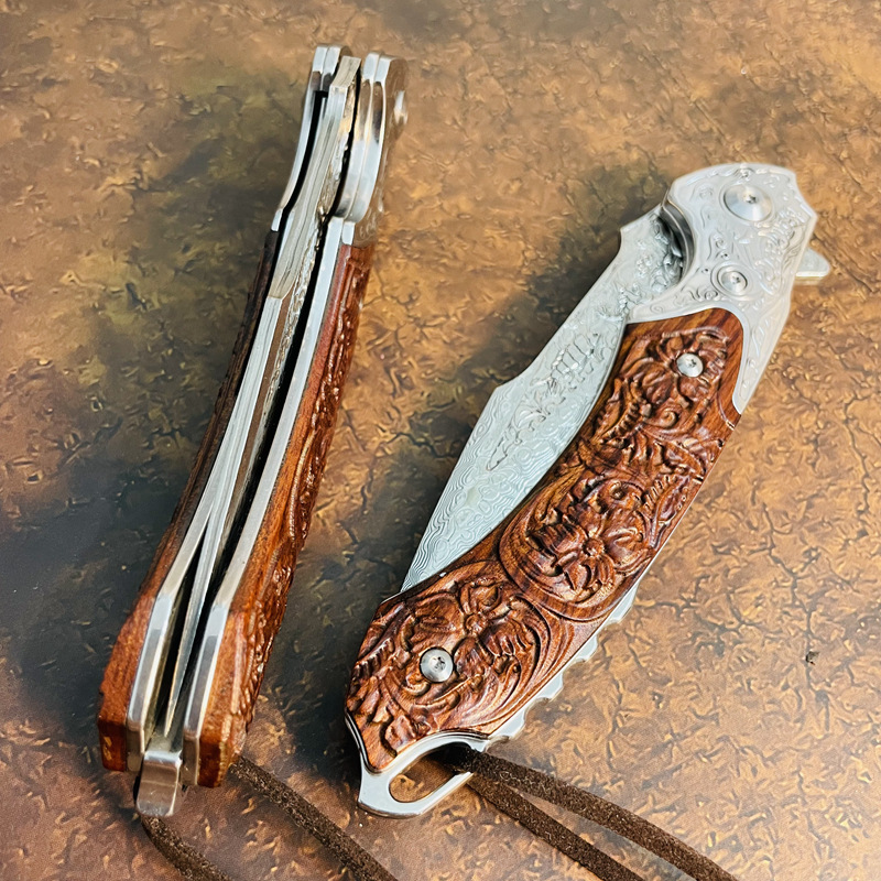 Promotie R1694 Flipper Zakmes VG10 Damascus Staal Drop Point Blade Desert Ironwood Handvat Kogellager Snel Open EDC Zakmessen met Lederen Schede