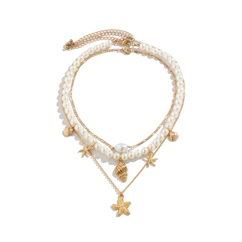 Colar com Pingente em Forma de Estrela do Mar Cor Dourada Imitação de Contas de Pérolas Gargantilha para Feminino Joias Vintage Colar para Festas Meninas