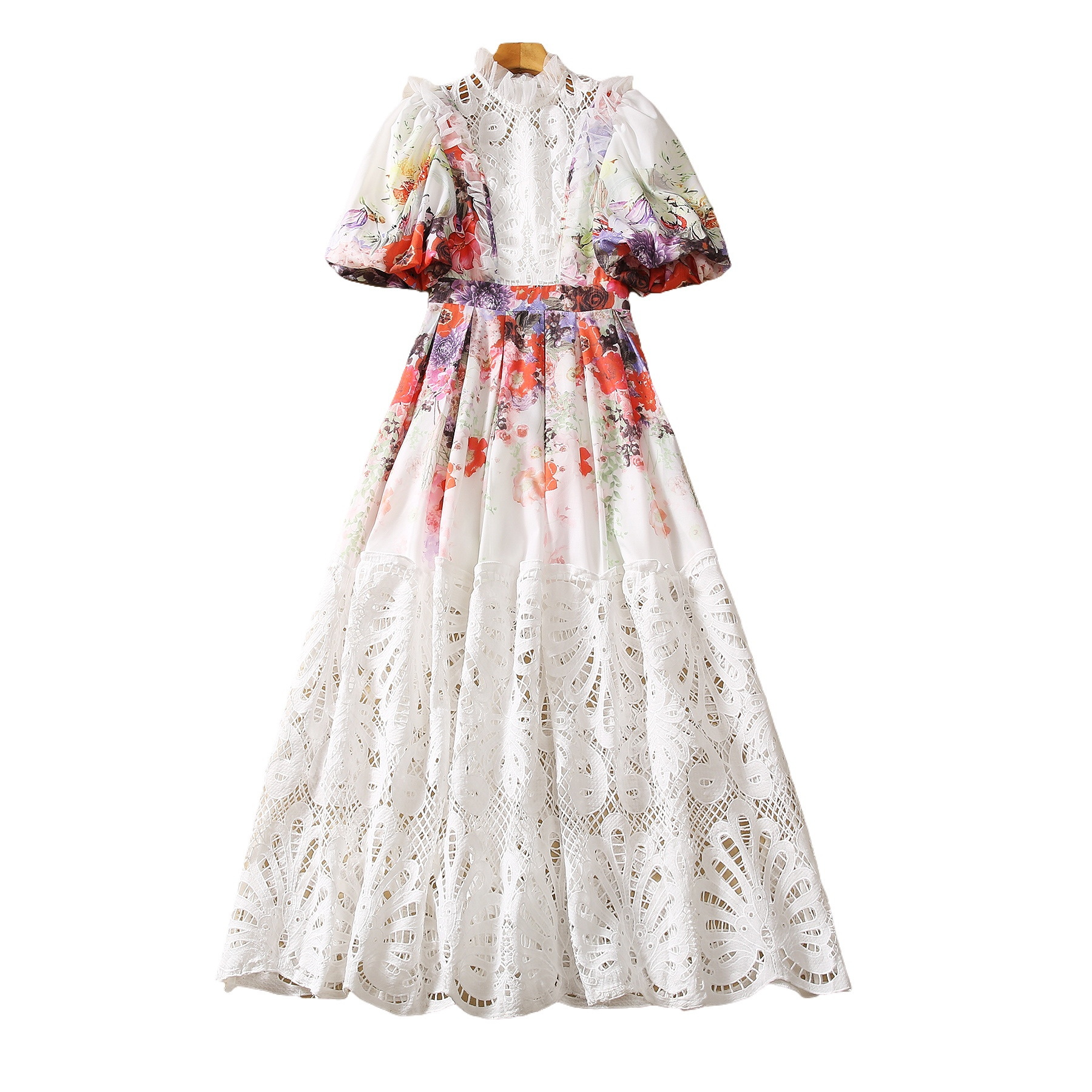 2023 Autumn White Floral Print Embroidery Dress Lantern Sleeve Stand Collar Panelled Long Maxi Casual Dresses S3Q210720