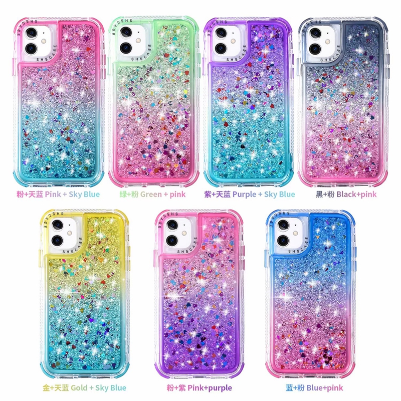 Étuis de luxe 3IN1 Gradient Quicksand pour iPhone 15 14 Plus 13 Pro MAX 12 11 XS X 8 7 6 Plastique Dur PC Soft TPU Liquide Bling Glitter Sparkle Love Heart Couverture de téléphone portable