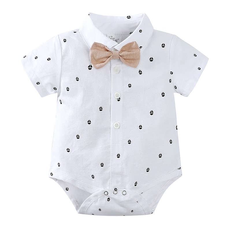 Nyfödd baby pojke gentleman outfit kläder jumpsuits bomull sommar bodysuit haklapp korta byxor hatt 3 stig kostym