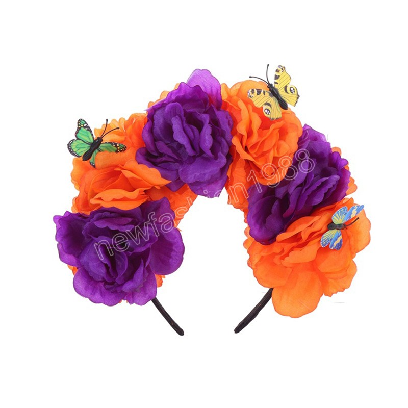 Simulação exagerada de argola de cabelo de Halloween Borboleta colorida Grande flor de peônia vermelha Tiara Coroa Festiva