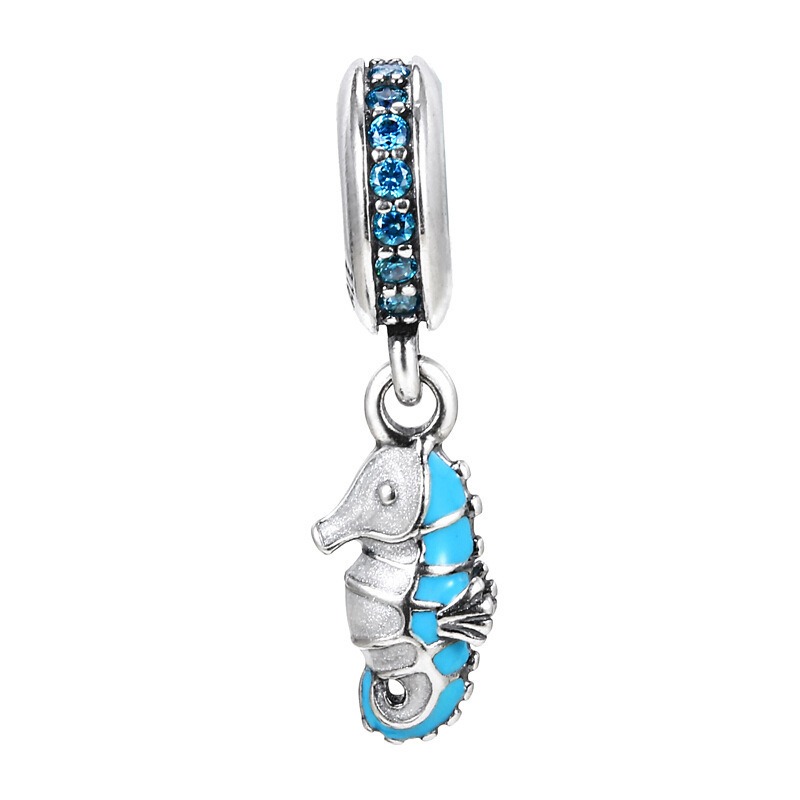 Mode 20 Stück Ozean-Stil Seepferdchen-Charm-Perlen, blaue Emaille, europäische Charms, Perle für Sterling-Silber-Pandora-Armbänder, DIY-Schmuck