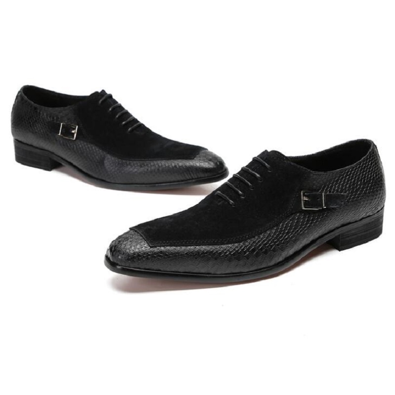 Luxury Men Oxford Shoes Lace-up Point Toe Black Formal Men Dress Shoes Suede Patchwork Crocodile Prints Leather Shoes For Men 1AA21