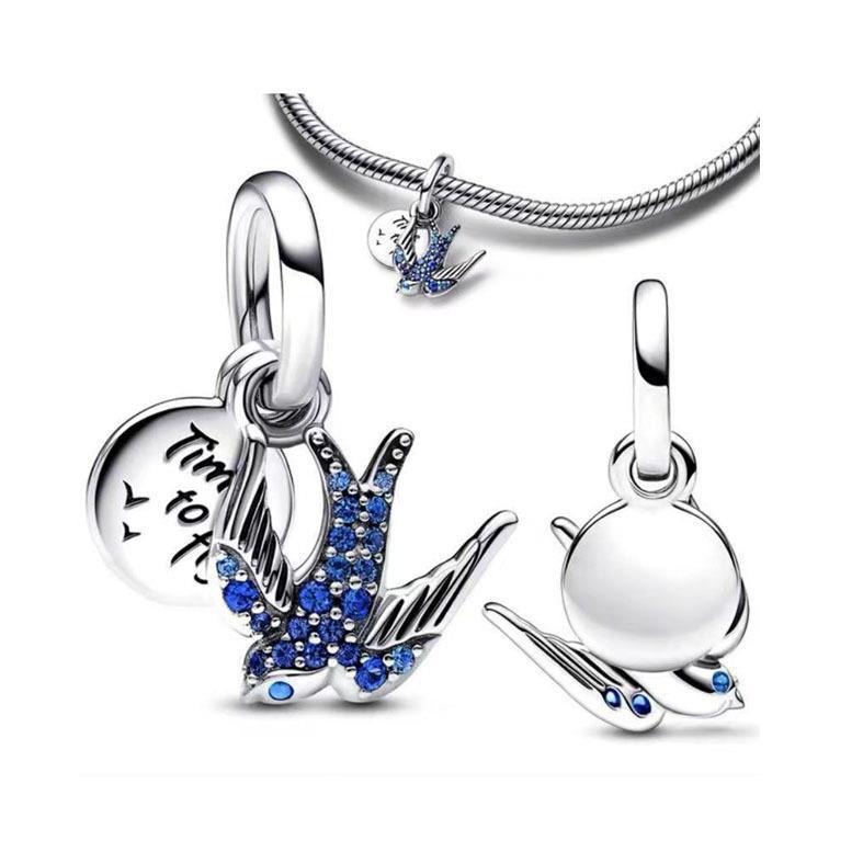 Fits Pandora Bracelets Shining Blue Swallow Spring Charms Beads Silver Charms Bead For Women Diy European Necklace Jewelry