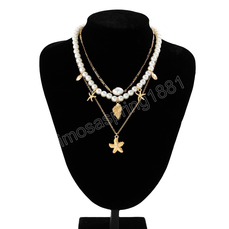 Gold Farbe Seestern Shell Form Anhänger Halskette Imitation Perle Perlen Halsband für Frauen Vintage-Schmuck Kragen Party Mädchen