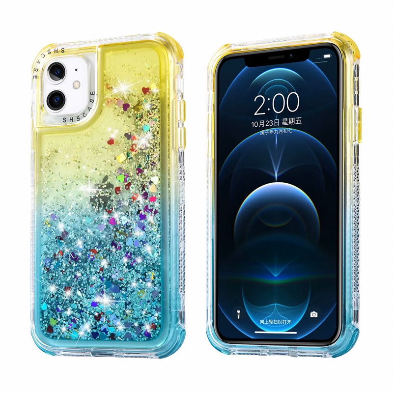 3in1 Gradient Quicksand Hard PC Soft TPU Falls For iPhone 15 14 Plus 13 Pro Max 12 11 XS X 8 7 6 Plastic Liquid Bling Glitter Sparkle Love Heart Fashion Telefon Back Cover Cover Cover Cover