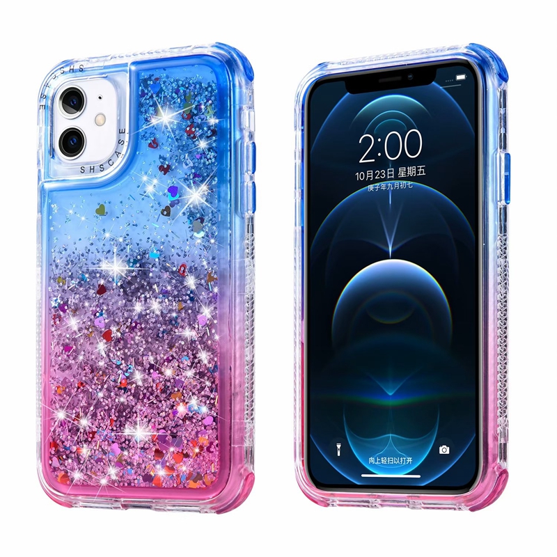 3in1 Gradient Quicksand Hard PC Soft TPU Falls For iPhone 15 14 Plus 13 Pro Max 12 11 XS X 8 7 6 Plastic Liquid Bling Glitter Sparkle Love Heart Fashion Telefon Back Cover Cover Cover Cover